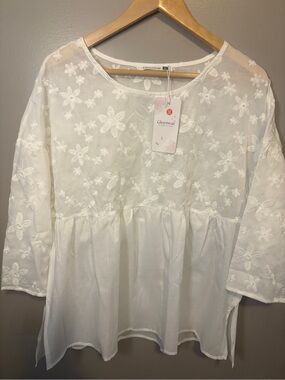 White Embroidered Peasant Blouse XL